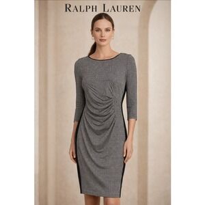 Ralph Lauren Houndstooth Ruched Sheath Dress Petite Size 8P Black White Career